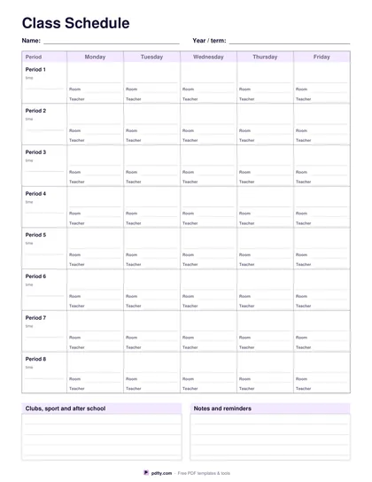 Printable class schedule timetable with periods down the page and room and teacher lines