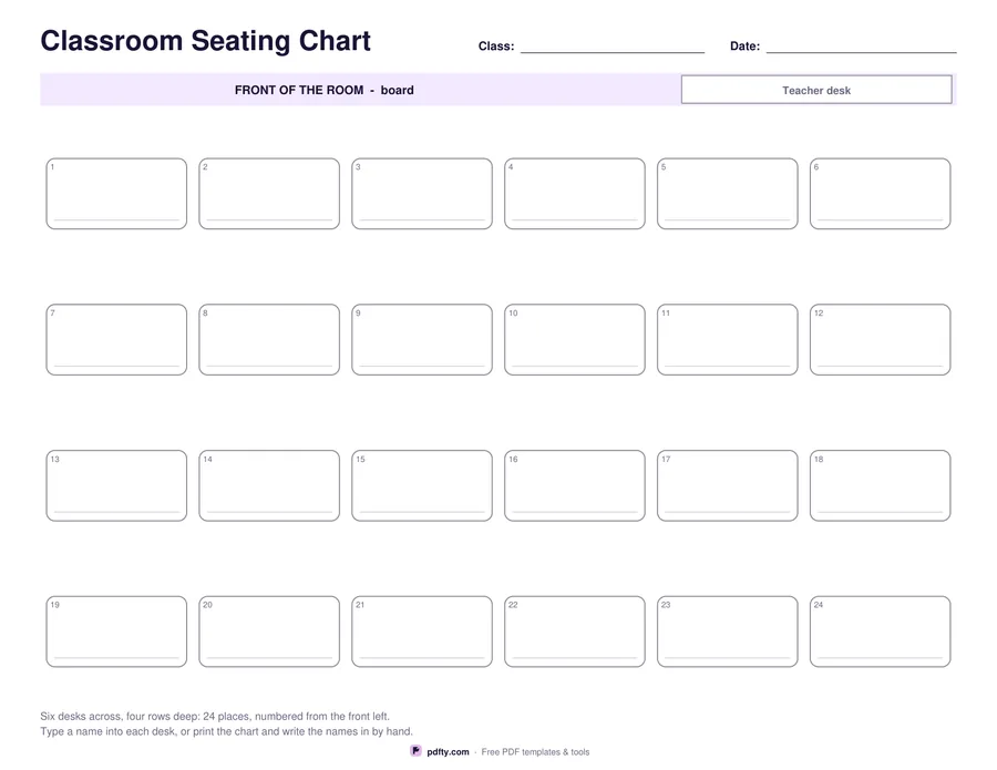 Printable classroom seating chart with numbered desks
