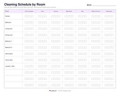 Printable cleaning schedule with rooms down the side, jobs across and weekly tick boxes