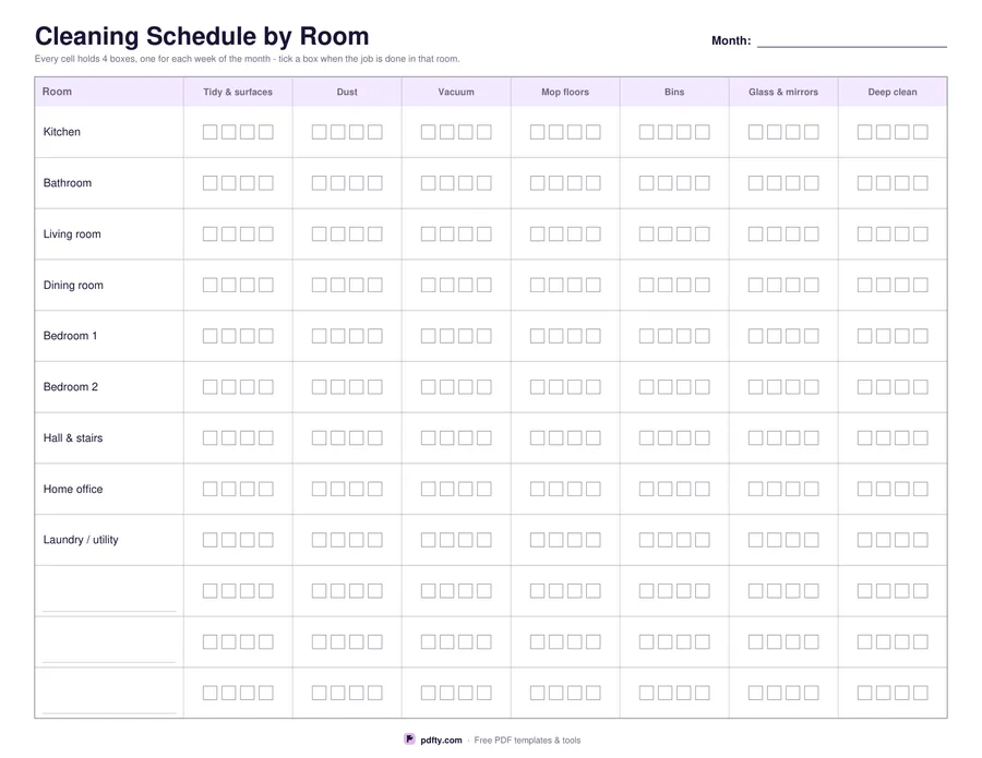 Printable cleaning schedule with rooms down the side, jobs across and weekly tick boxes