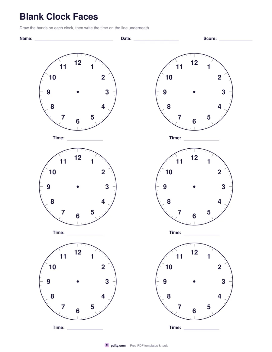 Printable page of blank clock faces with numbers and minute marks