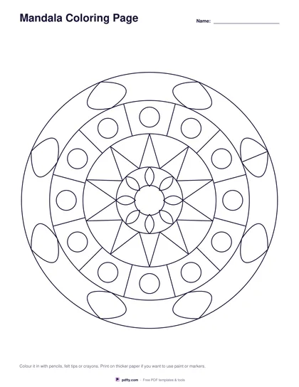 Printable mandala coloring page with concentric rings of petals and circles