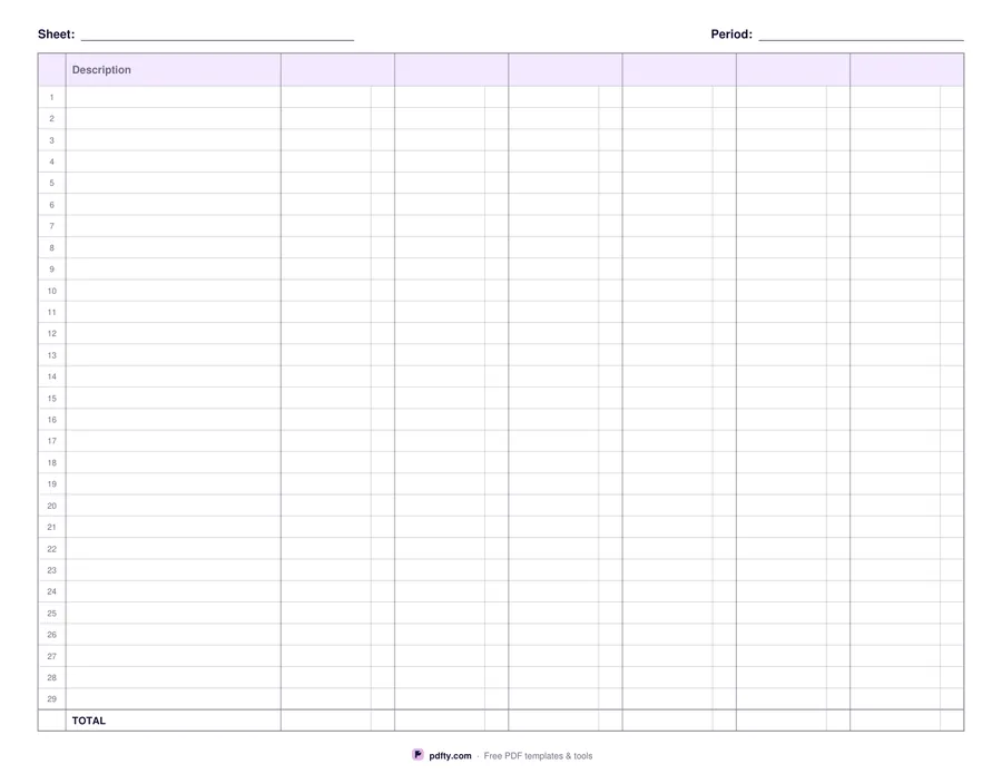 Printable columnar pad paper with six money columns and a total row
