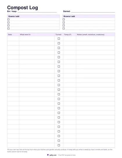 Printable compost log with rows for what went in, turned and temperature