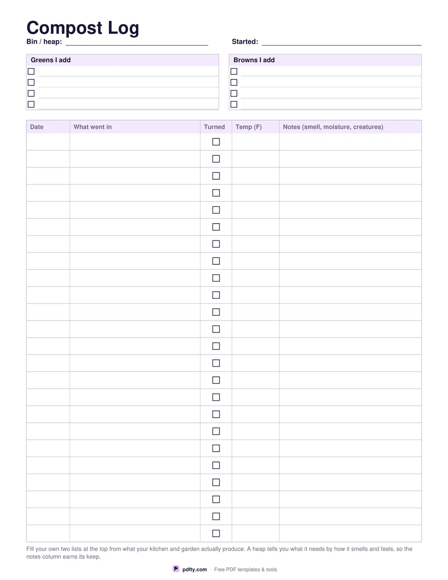 Printable compost log with rows for what went in, turned and temperature