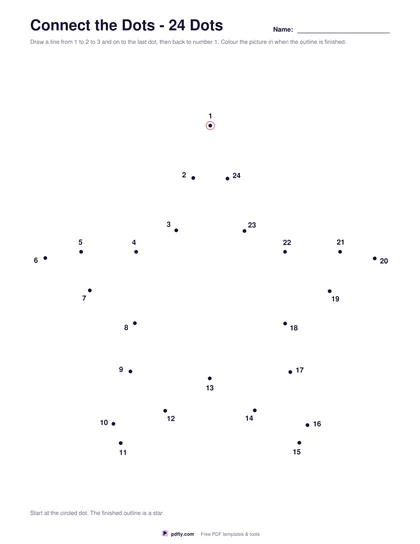 Printable connect the dots page with numbered dots around a star outline
