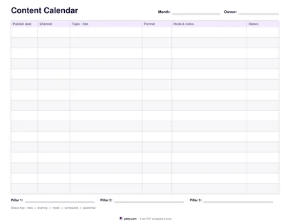 Printable content calendar with channel, topic, format, hook and status columns
