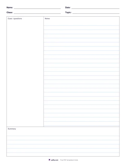Cornell notes template with cue column and summary