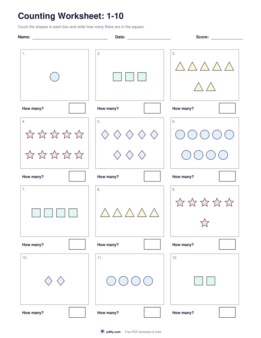 Printable counting worksheet with twelve groups of shapes to count