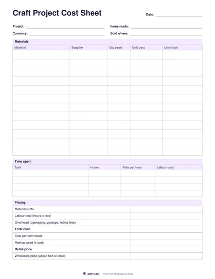 Printable craft project cost sheet with materials, time and pricing blocks