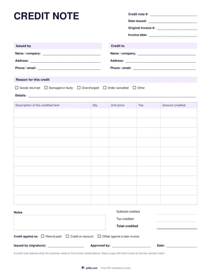Free fillable credit note with original invoice reference, reason and credited lines