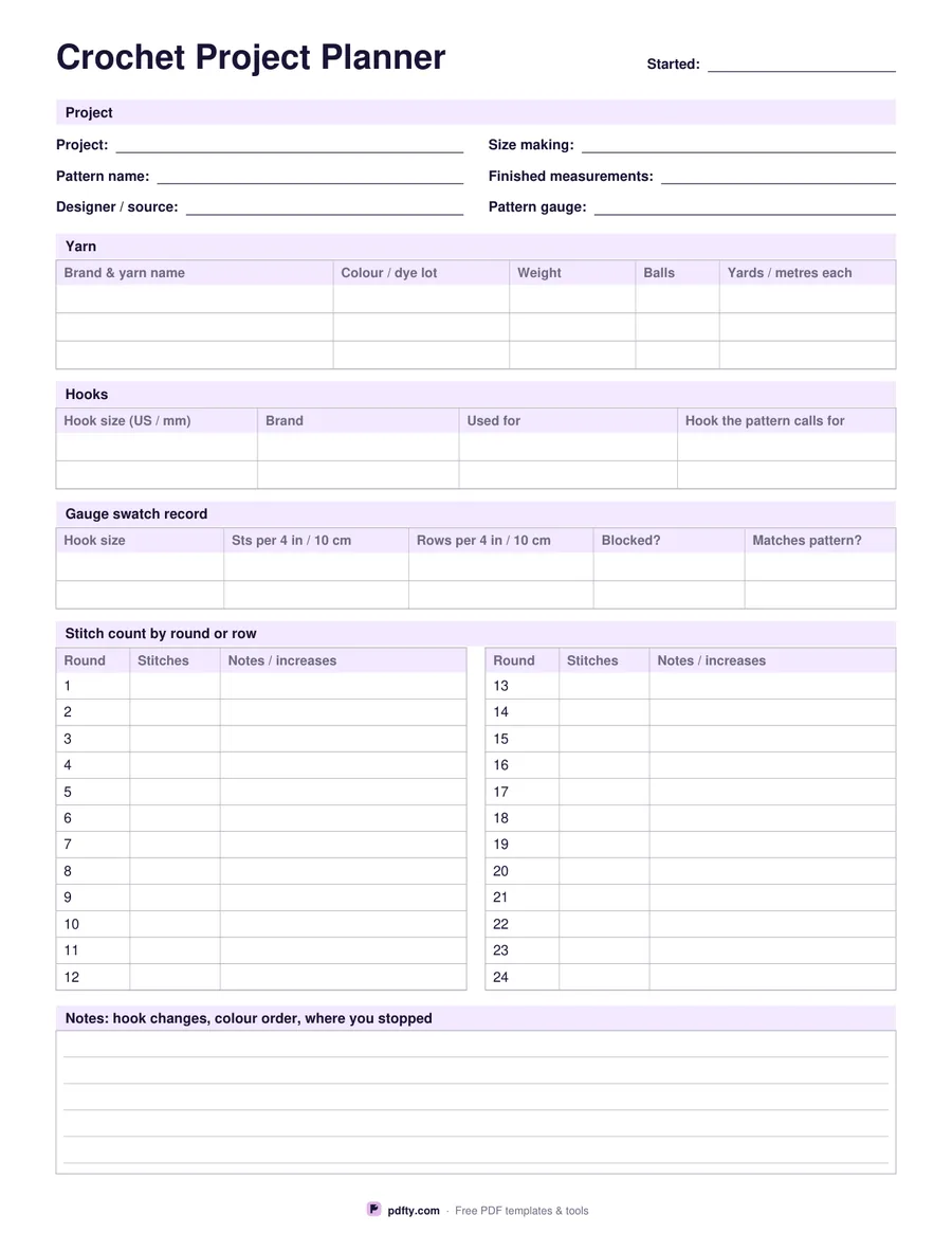 Printable crochet project planner with yarn and hook tables and a stitch count table