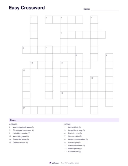 Printable easy crossword grid with numbered squares and a clue list