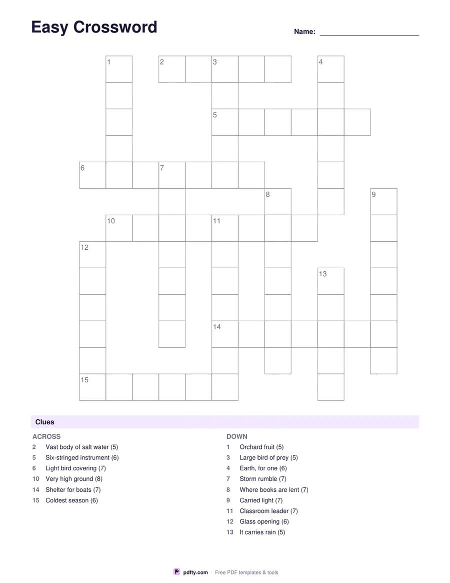 Printable easy crossword grid with numbered squares and a clue list