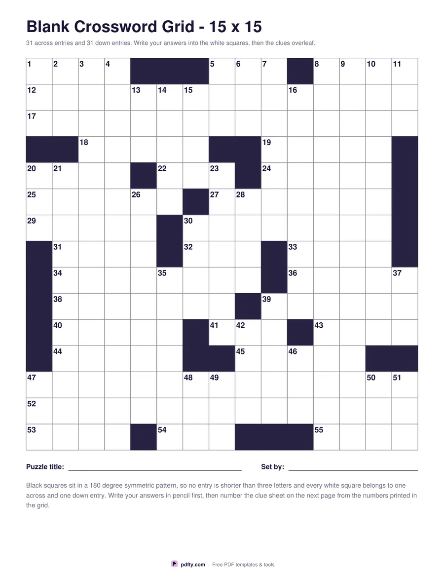 Blank numbered crossword grid with a symmetric black square pattern