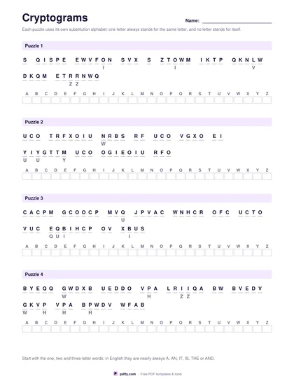 Printable cryptogram sheet with coded sentences and an A to Z letter bank