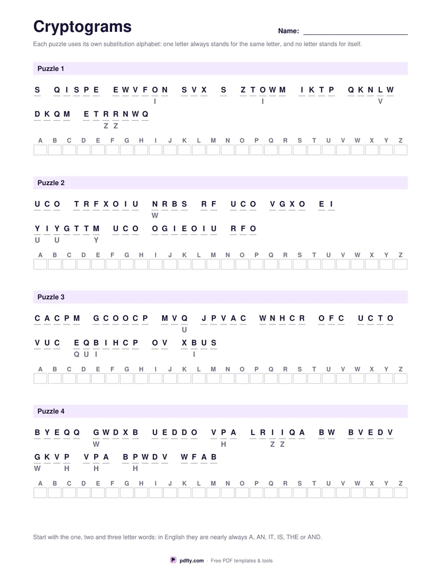 Printable cryptogram sheet with coded sentences and an A to Z letter bank