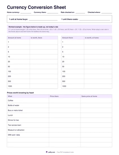 Printable blank currency conversion sheet with rate boxes, two conversion ladders and a common prices table