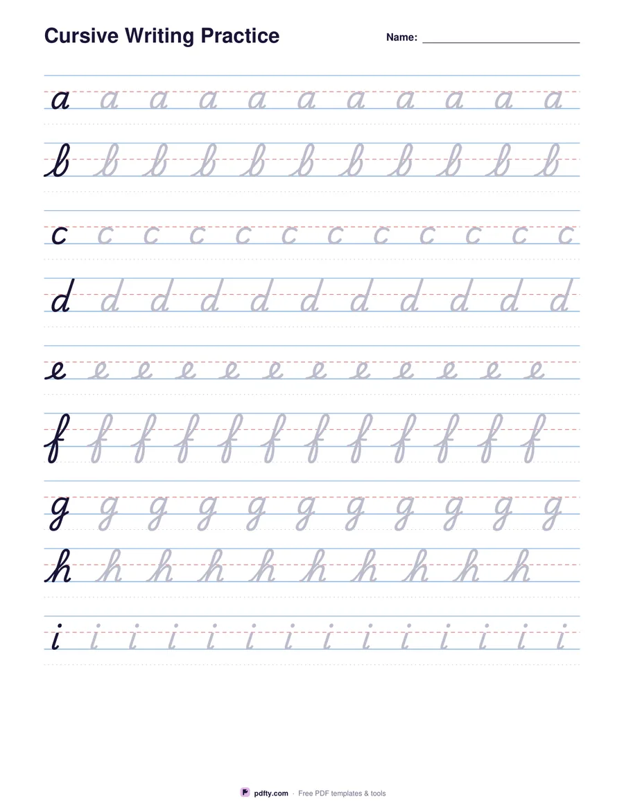 Cursive writing practice worksheet with lowercase letters