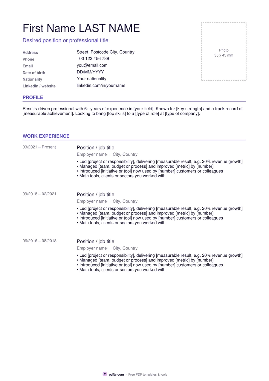 Free European CV template with photo