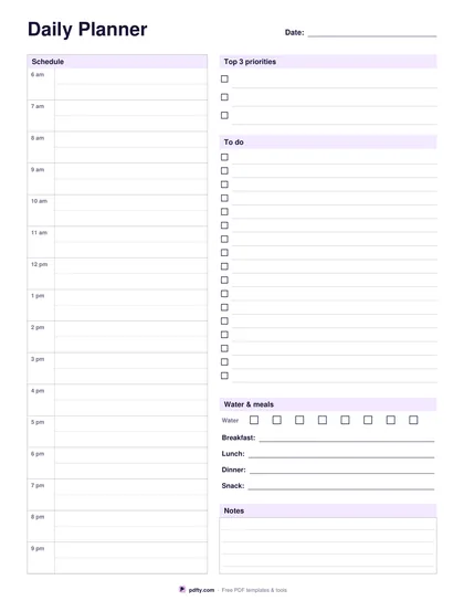 Printable daily planner with an hourly column, priorities, to-do list, meals and notes