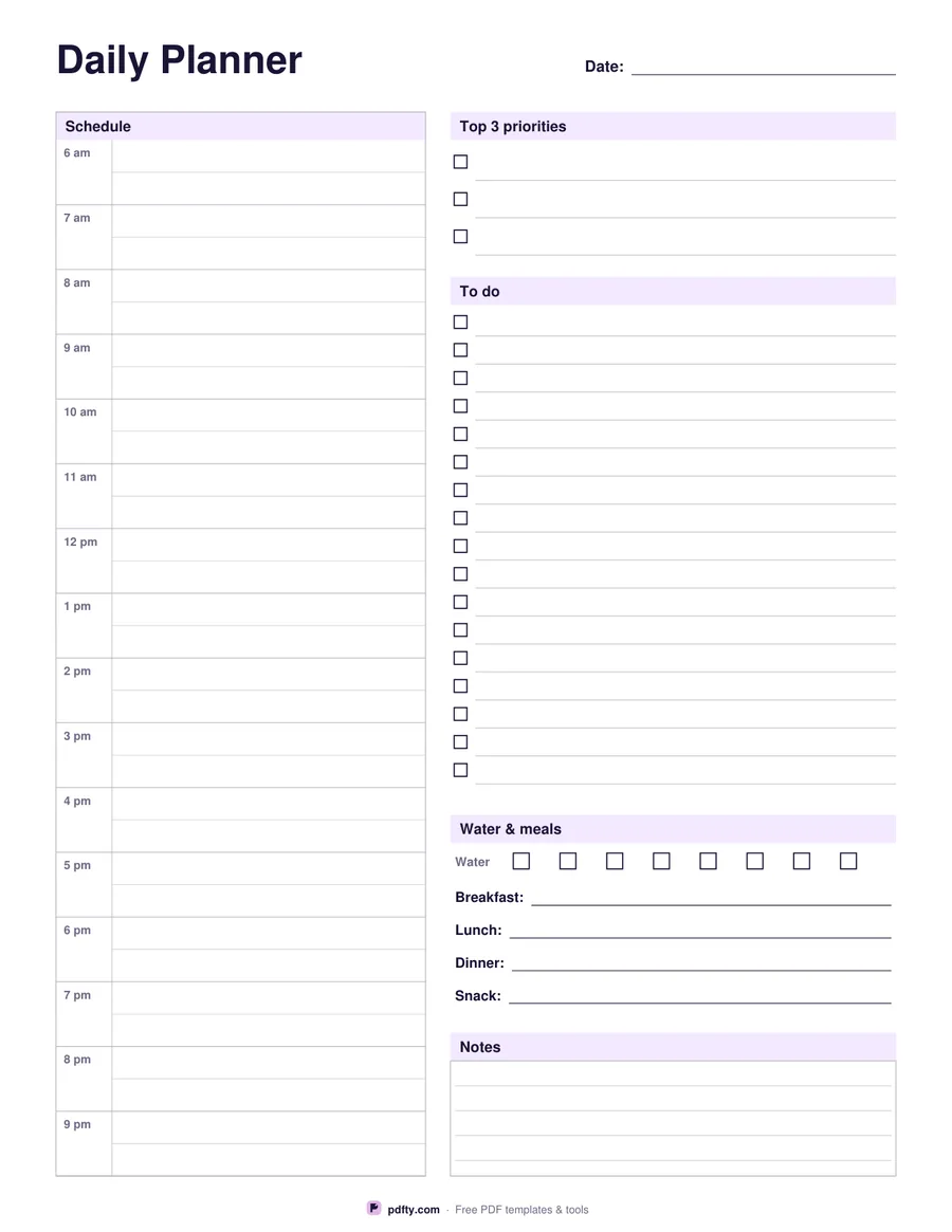 Printable daily planner with an hourly column, priorities, to-do list, meals and notes