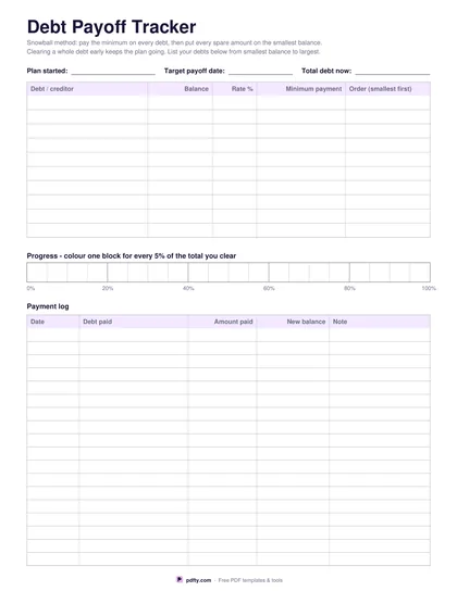 Printable debt payoff tracker with a debt table, progress bar and payment log