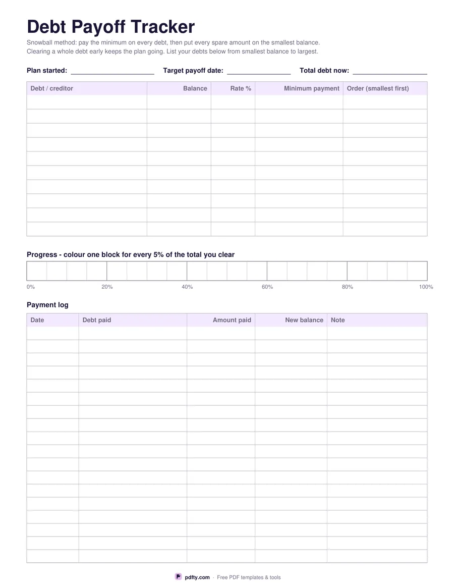 Printable debt payoff tracker with a debt table, progress bar and payment log