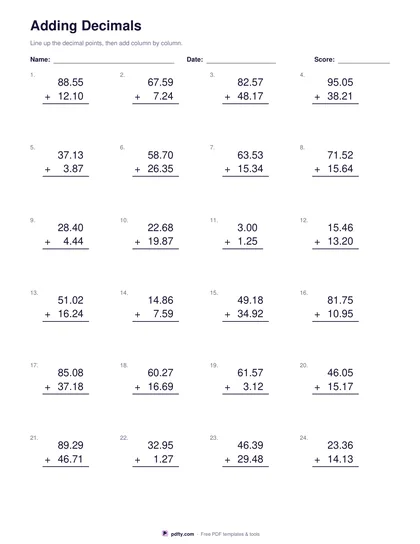 Printable decimals worksheet with twenty-four column addition problems