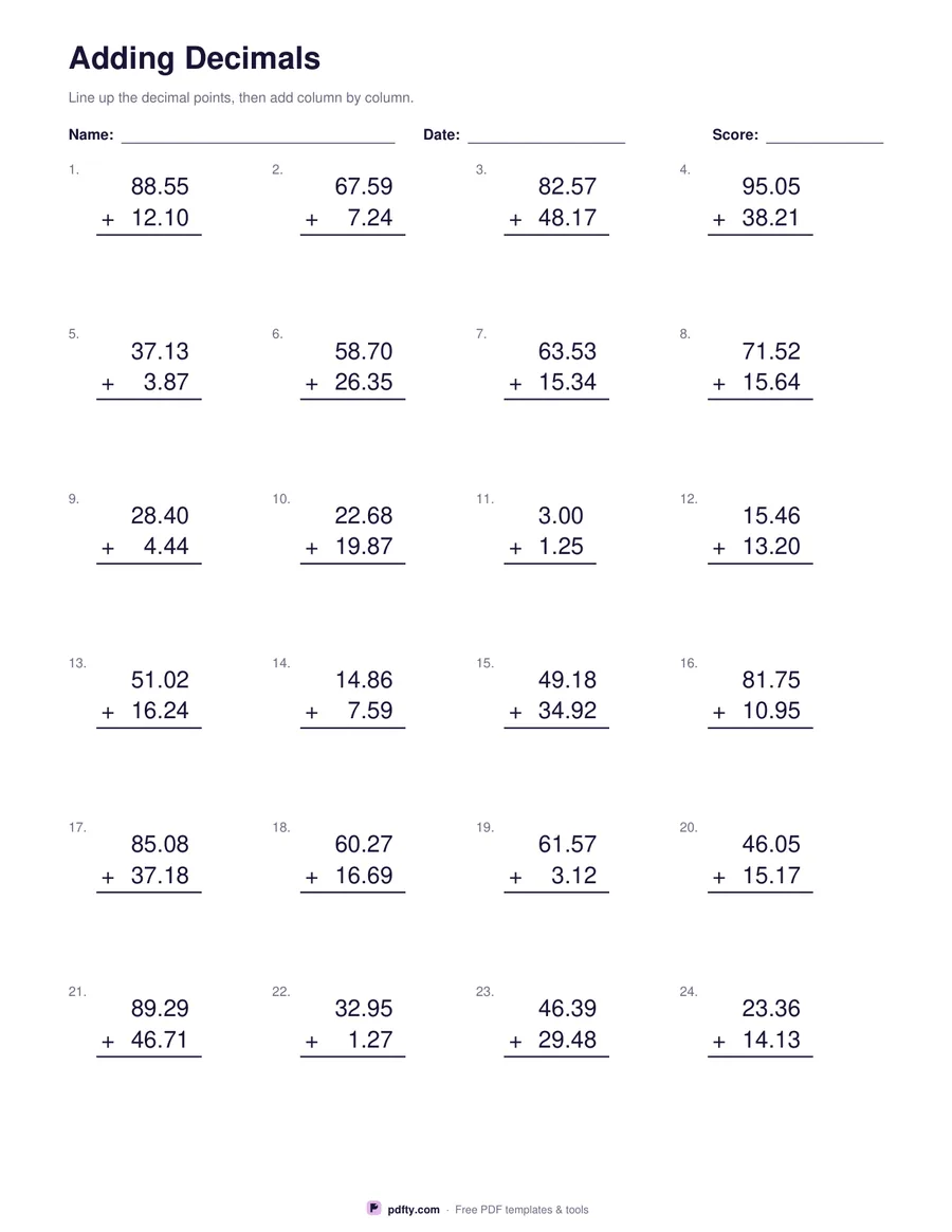 Printable decimals worksheet with twenty-four column addition problems