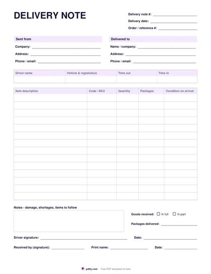 Free printable delivery note with item table, condition column and signature lines