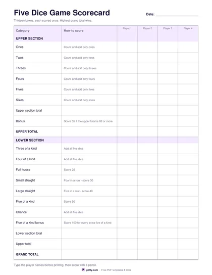 Printable five dice game scorecard with upper and lower sections and totals