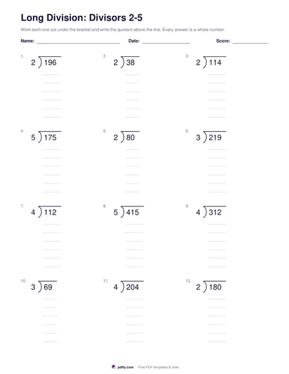 Printable long division worksheet with twelve problems and working space