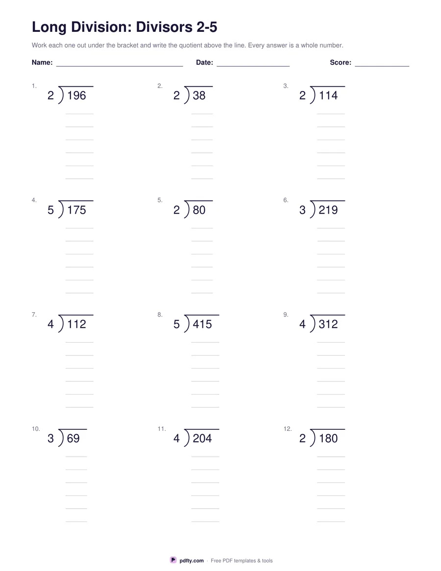 Printable long division worksheet with twelve problems and working space