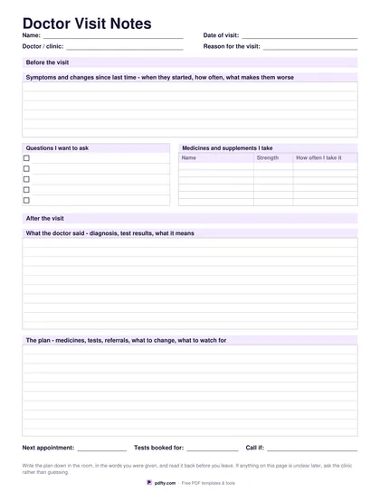 Printable doctor visit notes with before and after visit sections