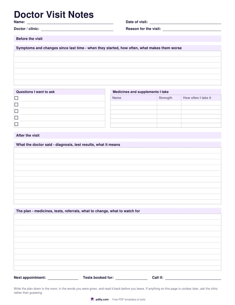 Printable doctor visit notes with before and after visit sections