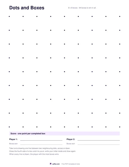 Printable dots and boxes game sheet with an 8 by 8 dot lattice