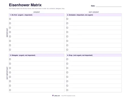 Printable Eisenhower matrix with four quadrants and eight task lines in each
