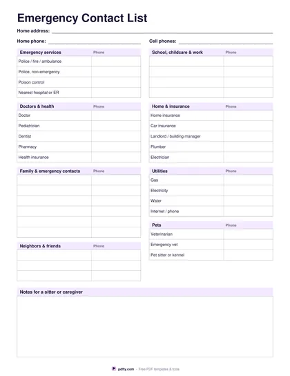 Printable emergency contact list for the fridge with sections for services, doctors, family, school and utilities