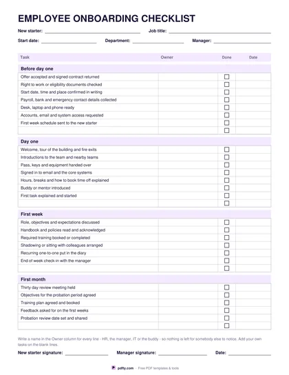 Printable employee onboarding checklist with four stages, owner column and tick boxes