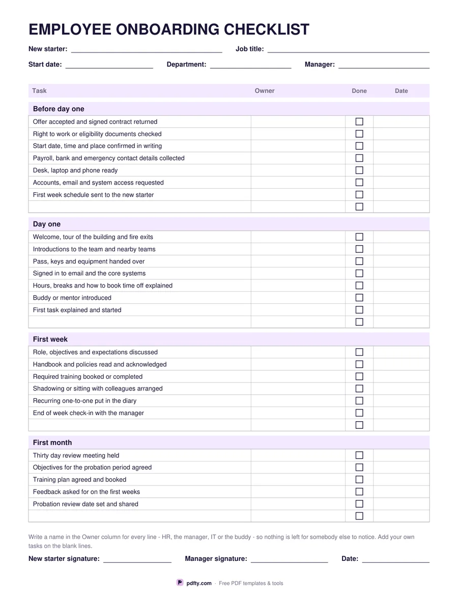 Printable employee onboarding checklist with four stages, owner column and tick boxes