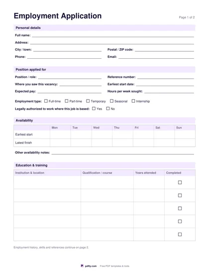 Free two-page employment application form with education and work history
