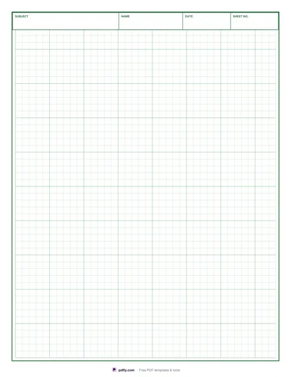 Printable engineering paper with a green 1/5 inch grid and title block