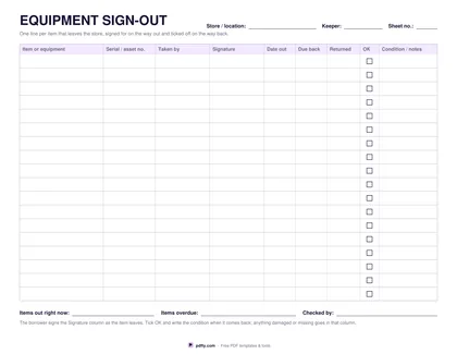 Printable equipment sign-out sheet with serial numbers, borrower signatures and return columns