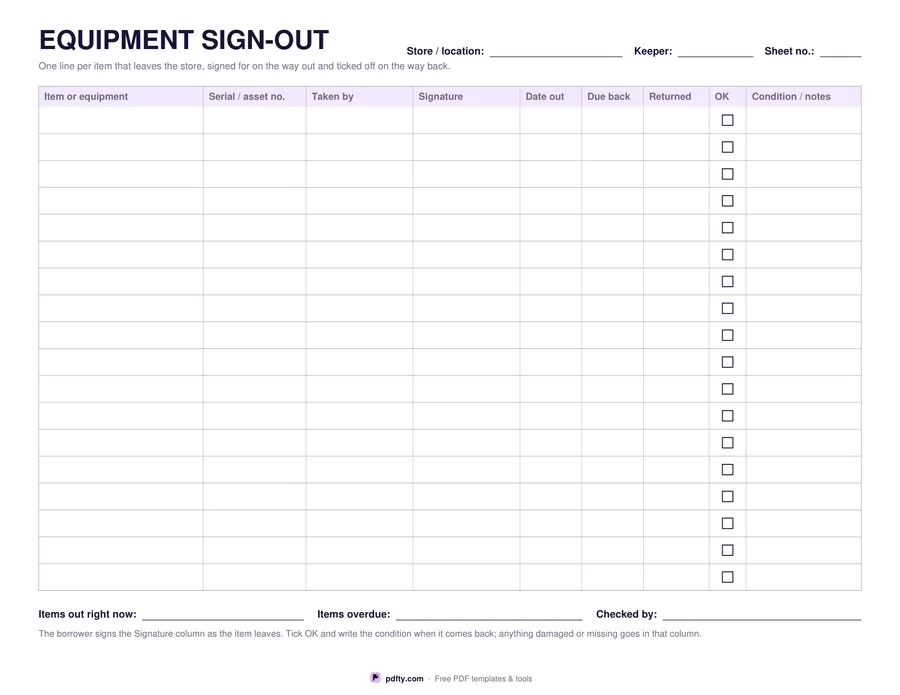 Printable equipment sign-out sheet with serial numbers, borrower signatures and return columns