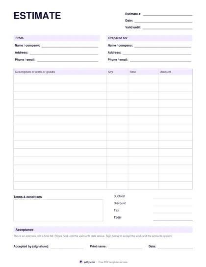 Free fillable estimate template with line items, totals and acceptance signature