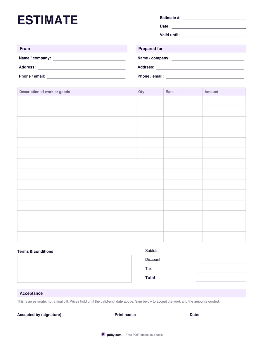 Free fillable estimate template with line items, totals and acceptance signature