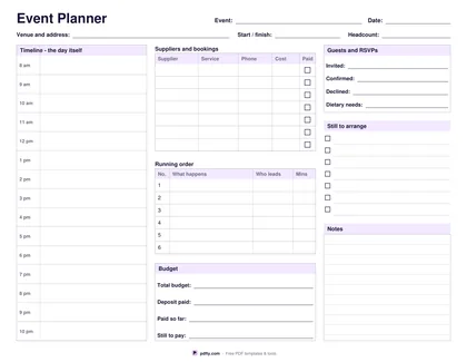 Printable event planner with an hourly day timeline, supplier table, running order and budget