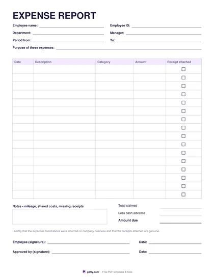 Free fillable expense report with 16 expense rows and approval signatures