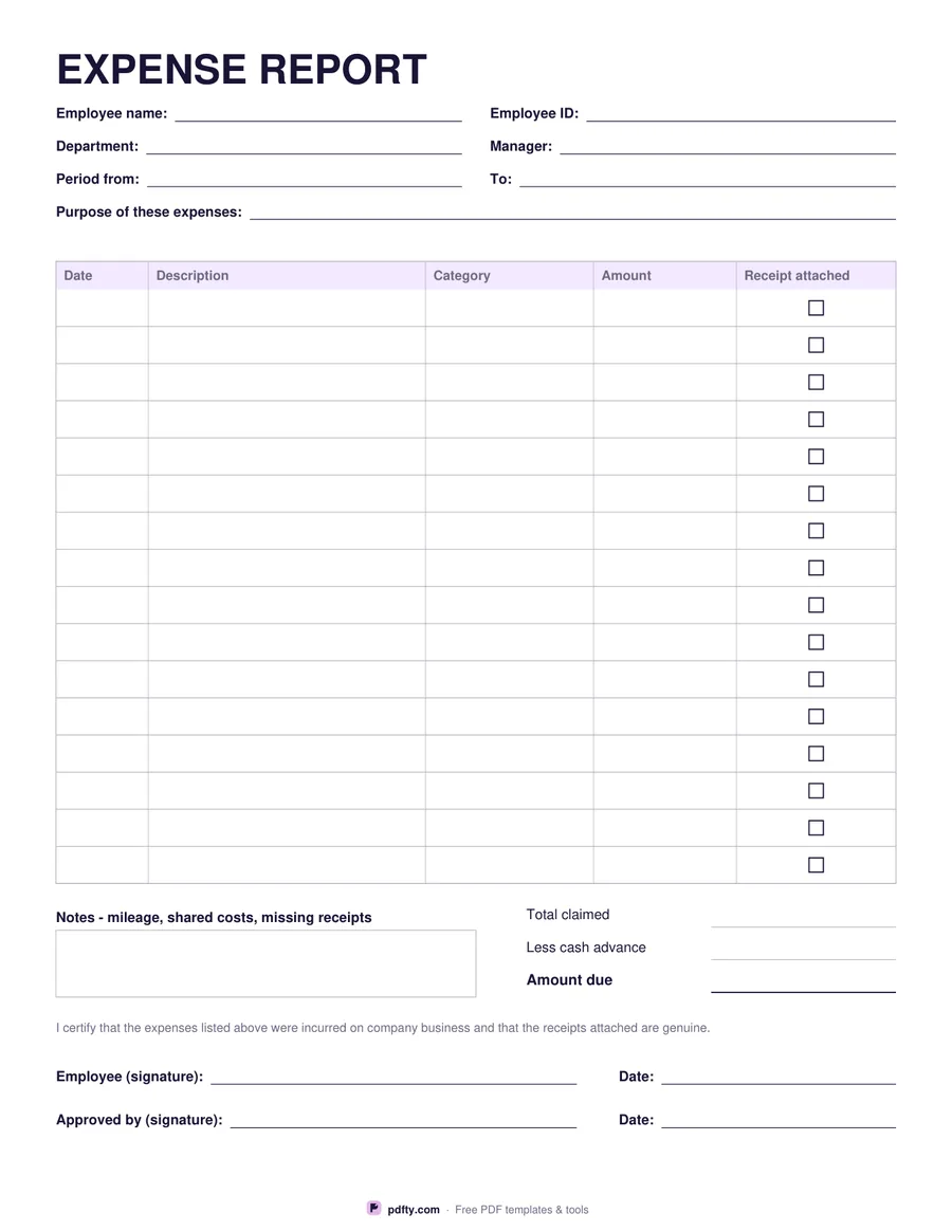Free fillable expense report with 16 expense rows and approval signatures